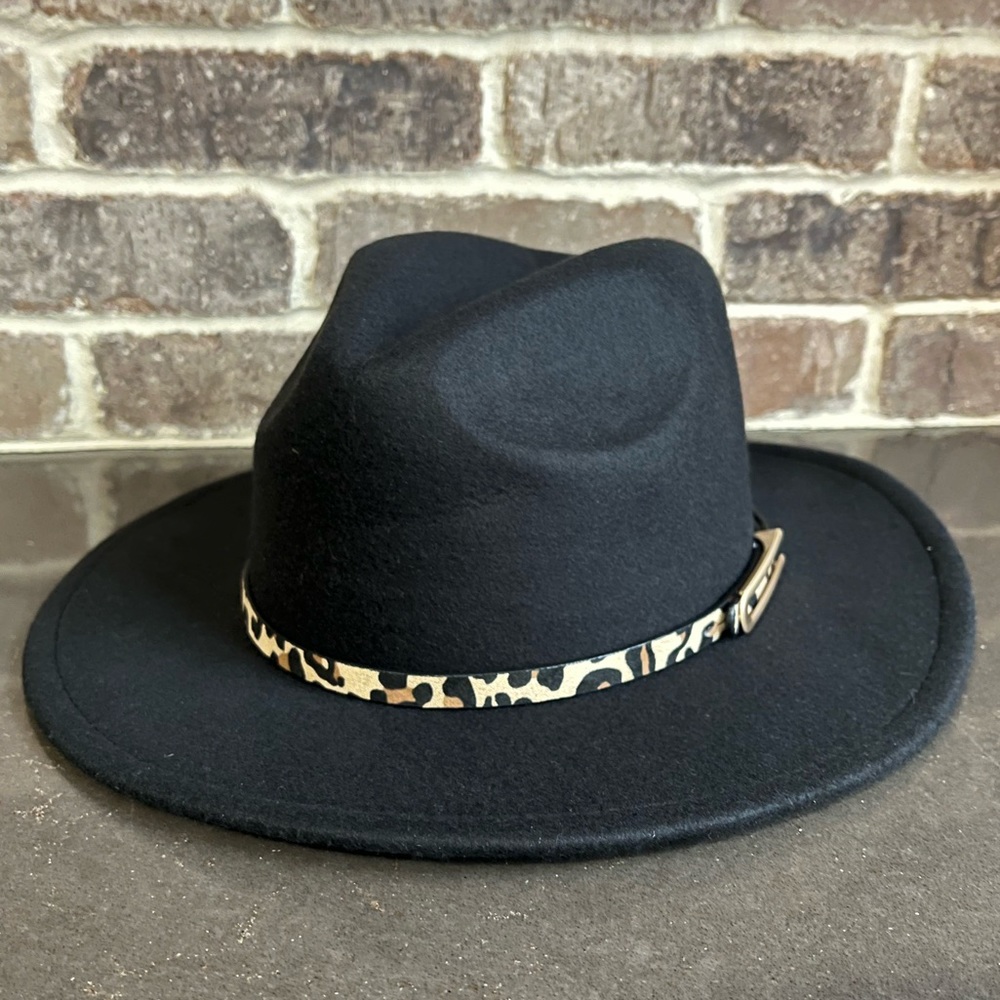 NEW Black Fedora with Leopard Print Belt Accent